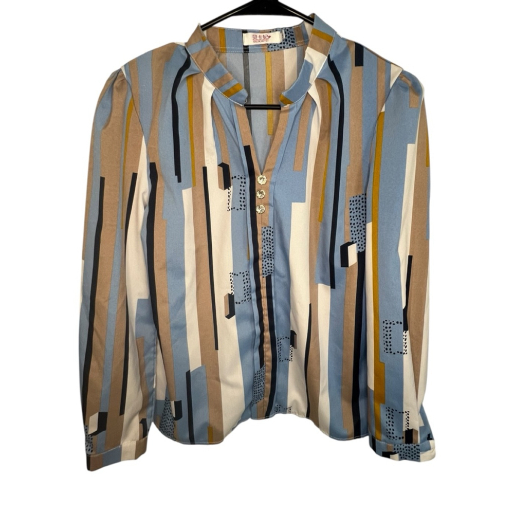 Geometric Vertical Striped Button Up Long Sleeve Blouse